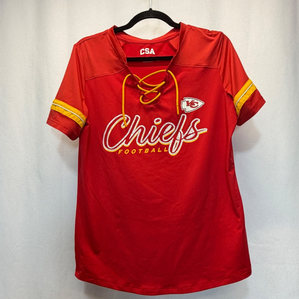 Kansas City Chiefs Jersey Shirt CSA Womens Medium Red Lace Up Rhinestone Graphic